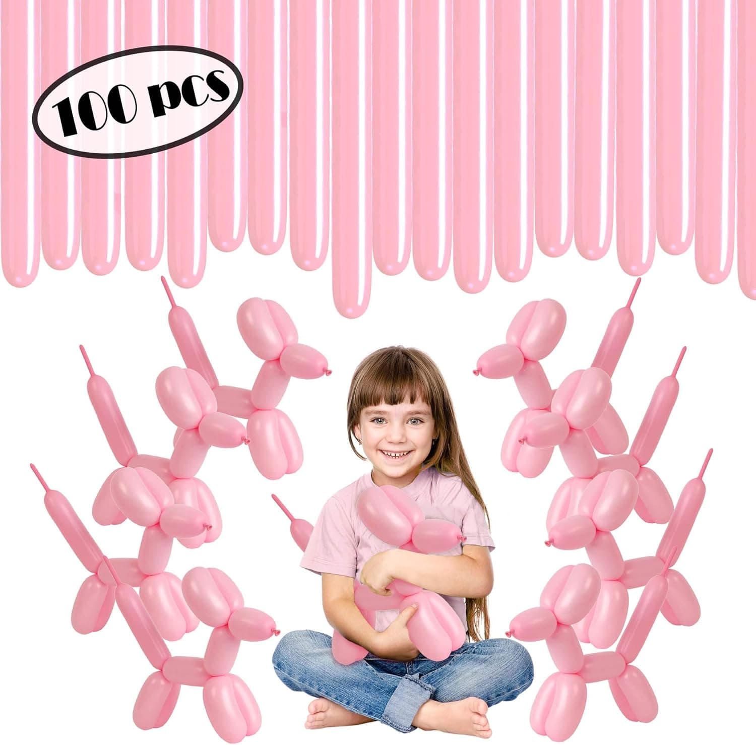 Treasures Gifted Long Light Pink Balloons - Animal Balloons - Pink 260 Balloons - 260q Balloons, Pink Long Balloons For Balloon Animals - Long Skinny Balloons Pink - 100 Pack Long Pink Balloons