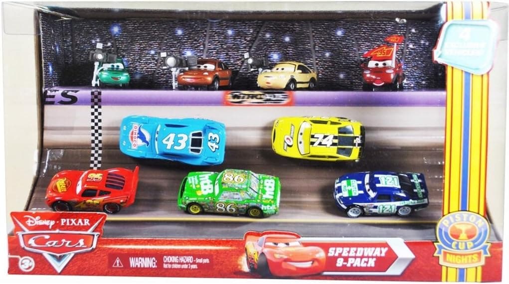 Disney Pixar Movie Series "Cars" EXCLUSIVE Piston Cup Nights Racing Series Speedway 9-Pack Set with Dash Boardman, Houser Boon, Tim Rimmer, Timothy Twostroke, Lightning McQueen, The King, Chick Hicks, Sidewall Shine No.74 and Clutch Aid No. 121