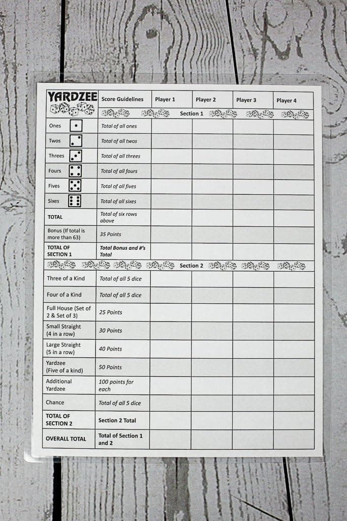3 Yardzee Score Cards. Laminated Score Cards with Rules on The Back, Yard Games, Outdoor Games, Outdoor Events. Reusable Score Cards. Size- 8.5" x 11"