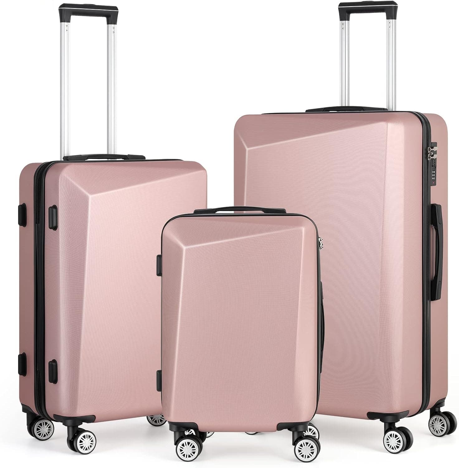 LING RUI Luggage 3 Piece Sets ABS Spinner Suitcase with 3-Digit Combination Lock 20 inches 24 inches 28 inches, ROSEGOLDED