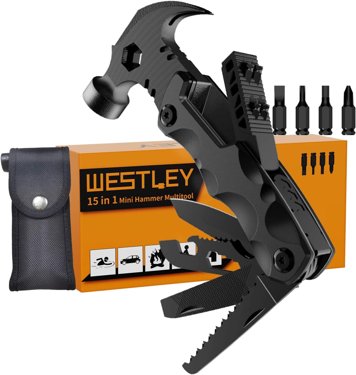 Gifts for Men Unique, WESTLEY Multitool, 15 in 1 Survival Gear, Camping Accessories, 4 Screwdrivers heads with Magnetic, Christmas Gifts for Men, Lock Function, cool gadgets for men WT15H