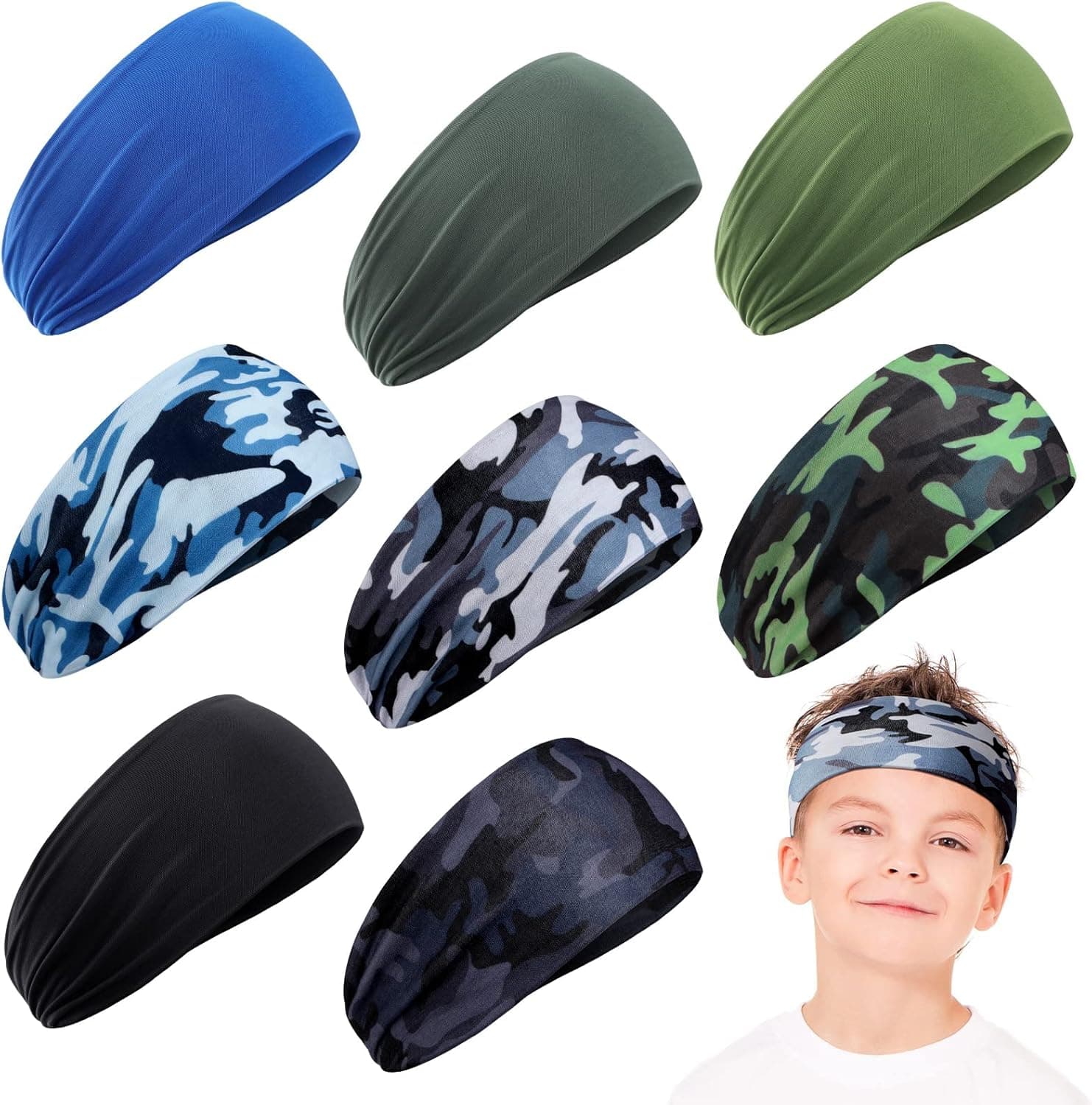 8 Pieces Kids Sports Wicking Headbands Athletic Sweatbands Headband Breathable Workout Headbands Elastic Sweat Headband Girls Boys Hair Band for Toddler Children Football Basketball Running Exercise