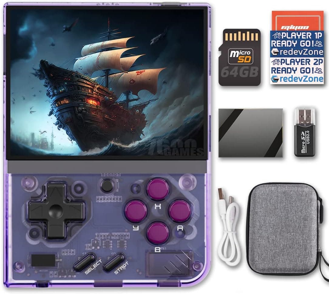 Miyoo Mini Plus Handheld Game Console Portable Retro Video Games Consoles Rechargeable Battery Hand Held Classic System Purple Transparent with Case