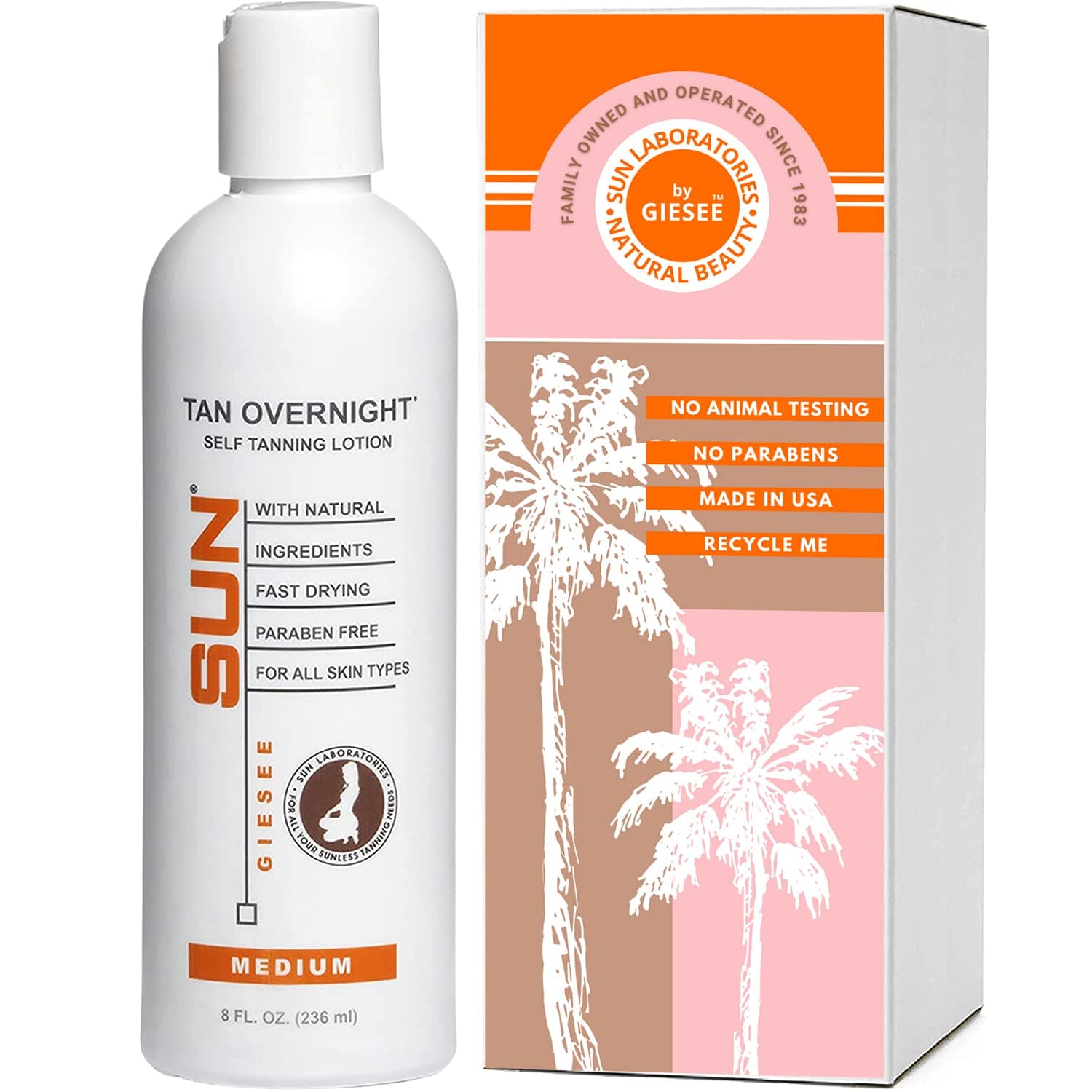 Sun Laboratories Tan Overnight Self-Tanning Lotion for Body and Face - Sunless Tan Golden Glow - Medium - 8 fl oz Bottle