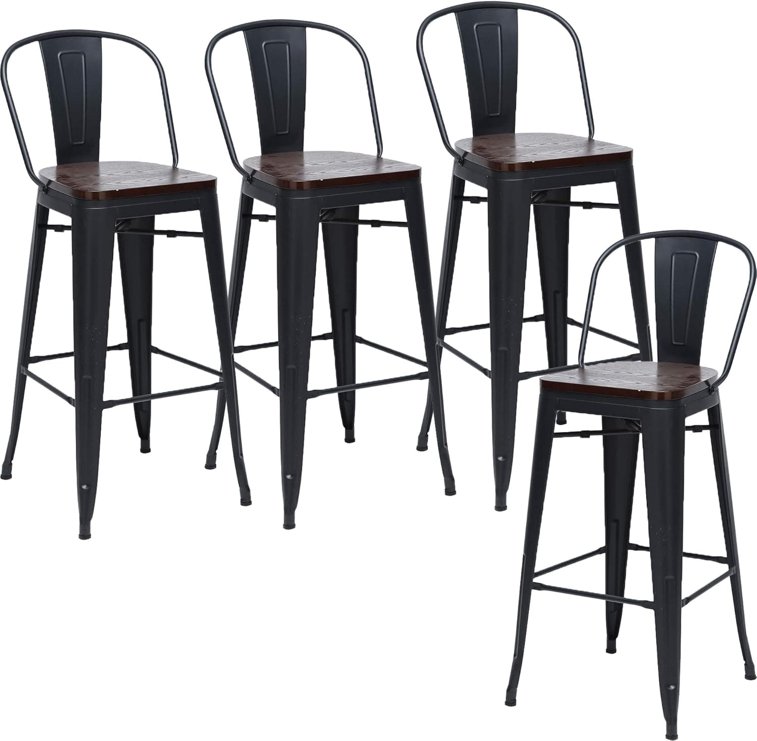 Changjie Furniture 26 Inch Metal Bar Stool Kitchen Counter Bar Stools High Back Set of 4 (26 inch, High Back Matte Black Wooden)