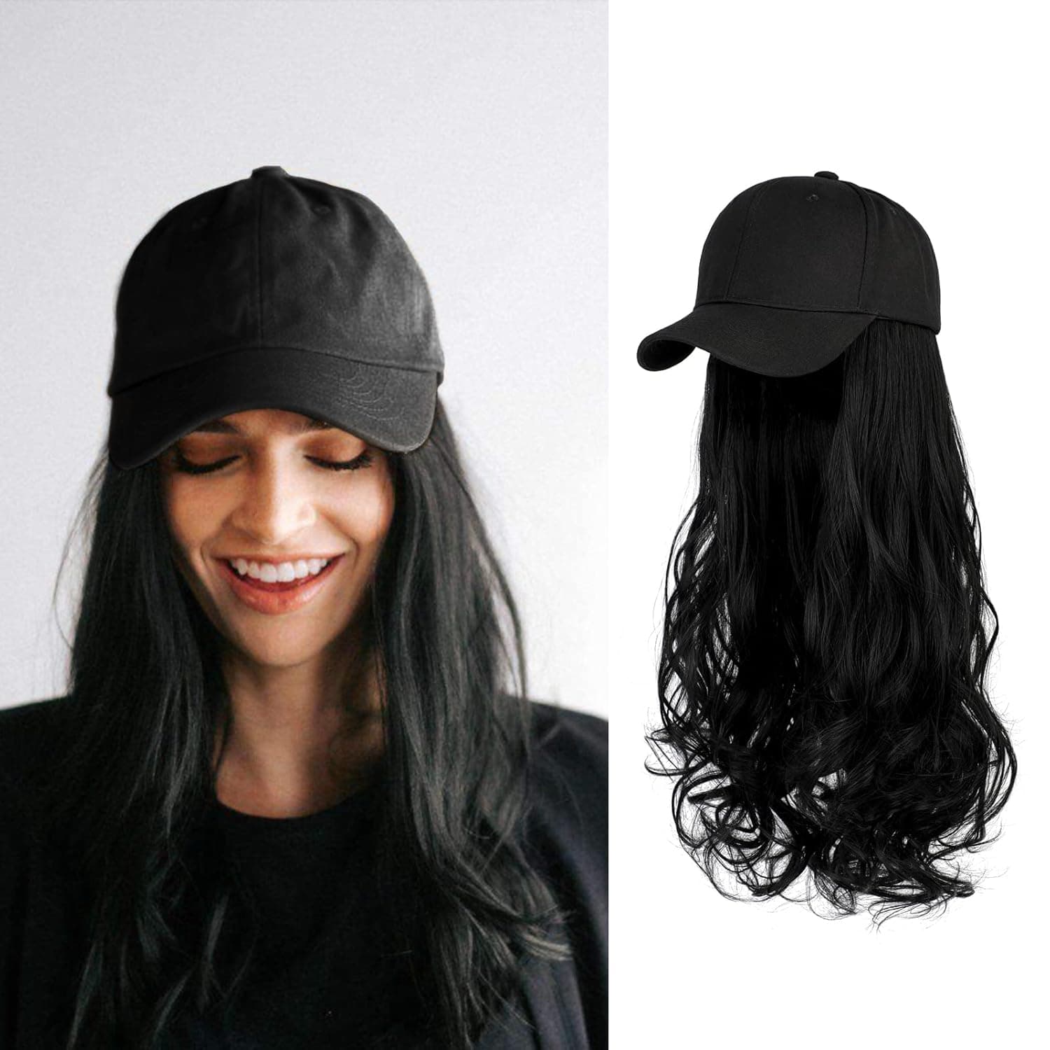 AynnQueen Baseball Cap with Detachable Hair Extensions for Women 21 inch Long Wavy Synthetic Hair with Adjustable Hat Wig Attached Black Baseball Cap (Dark Black)