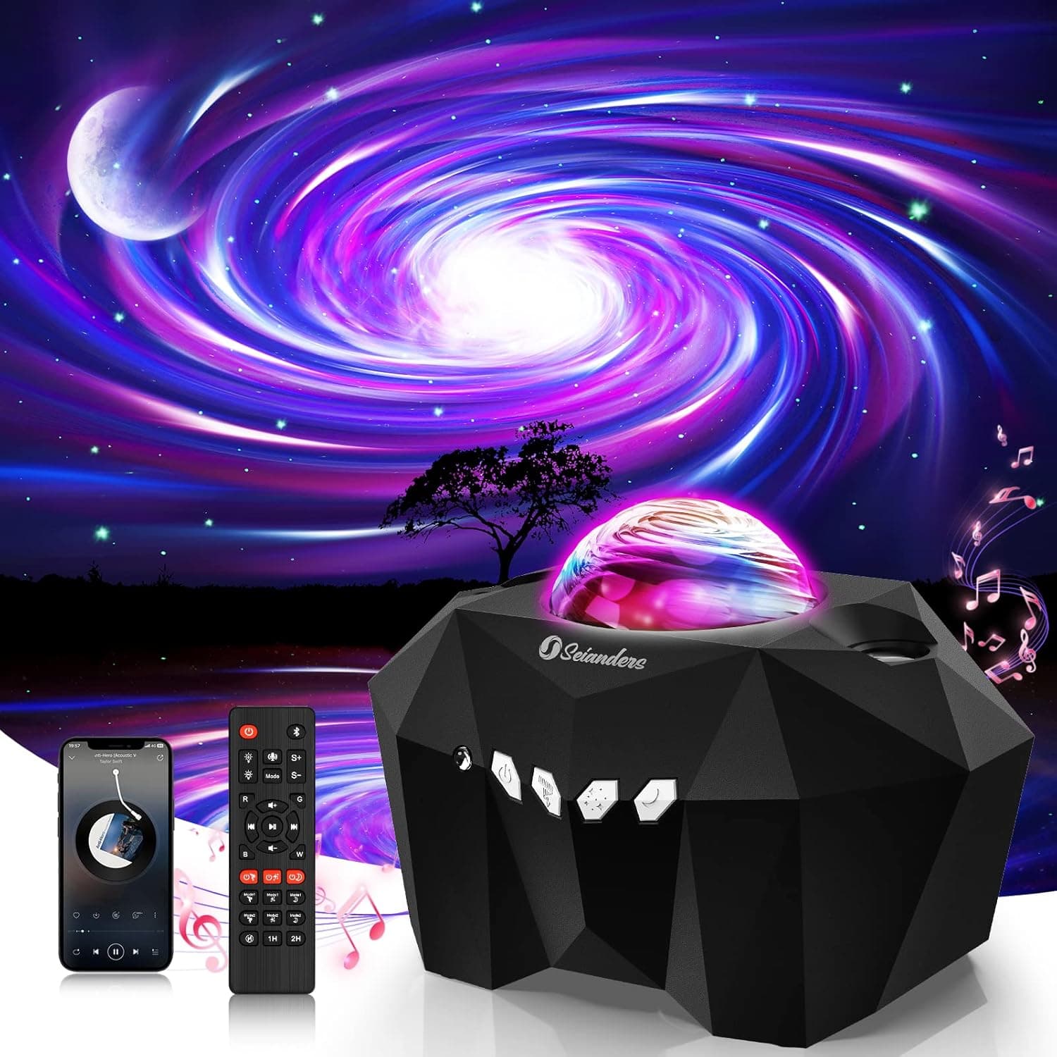 6-in-1 Galaxy Projector 2.0, Seianders Star Moon Projector, Aurora Projector with Changing Nebula Galaxy, Bluetooth Speaker & Remote Control, Night Light Projector for Kids Adults, Ceiling (Black)