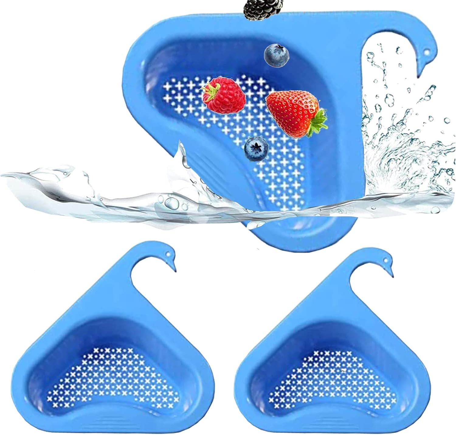 2PCS Swan Drain Basket Sink, Multifunctional Sink Strainer Basket, Hanging Triangle Sink Drain Rack Corner Kitchen Sink Strainer Basket, Food Catcher for Most Sink Drains(Blue)