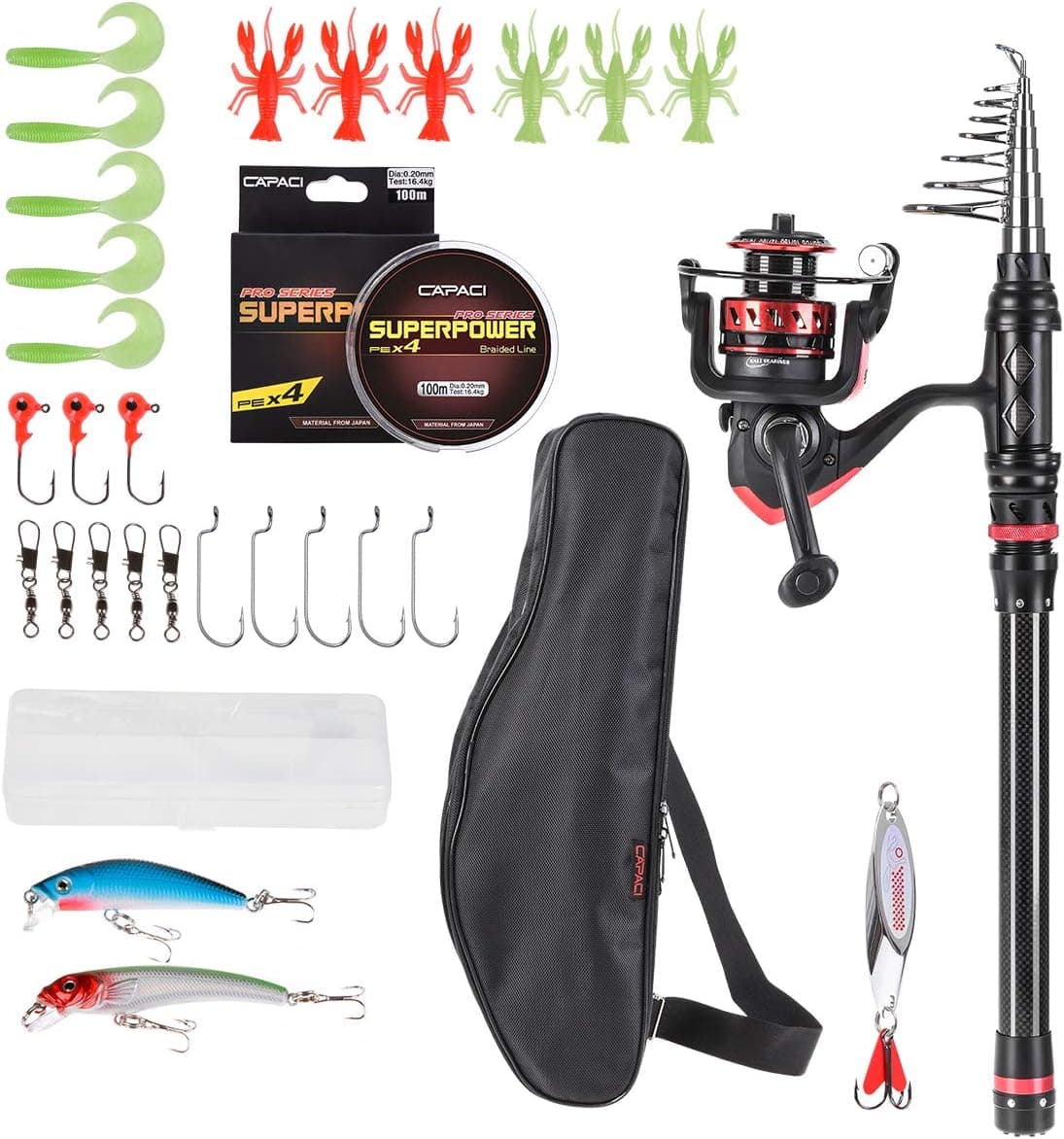 CAPACI Fishing Rod Reel Combos Carbon Fiber Portable Telescopic Fishing Pole with Full Kits Carrier Bag for Travel Saltwater Freshwater
