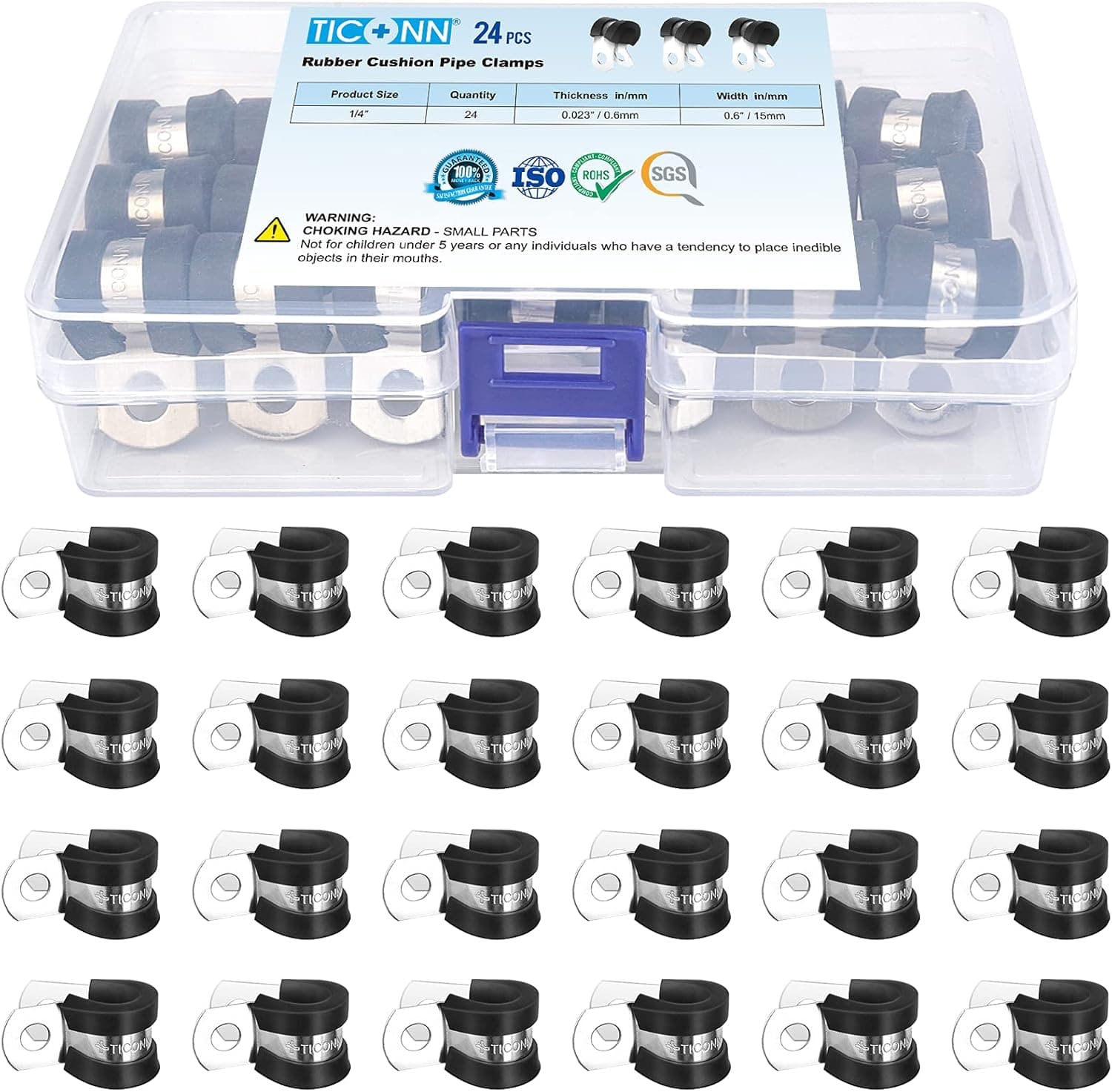 TICONN 24PCS 1/4" Cable Clamps - Rubber Cushioned 304 Stainless Steel Hose Clamps Loop Clamps Pipe Clamps (1/4 Inch)