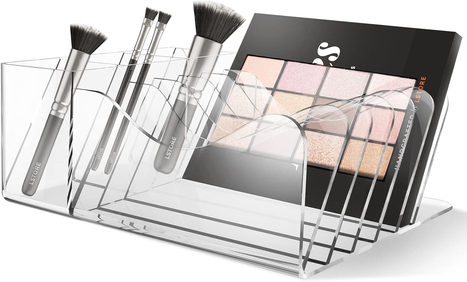 WAOMIN Clear Makeup Brush Holder Organizer, 4-Section Divided Eyeshadow Palette Organizer (Plastic)