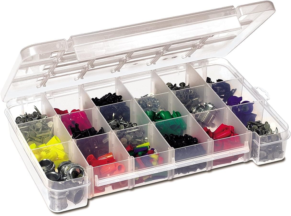 Akro-Mils 05905 Plastic Portable Parts Storage Case for Hardware and Crafts with Hinged Lid and 5 Adjustable Dividers, (14-3/8-Inch x 9-1/2-Inch x 2-1/2-Inch), Large, Clear