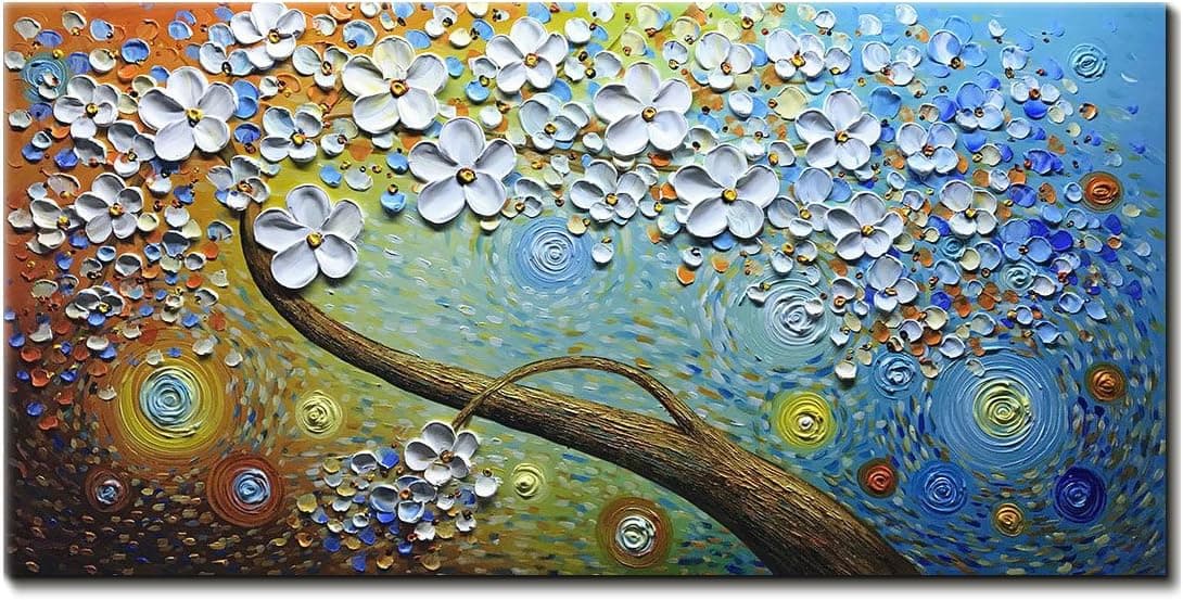 Amei Art Paintings, 24X48 Inch Modern Hand-Painted on Canvas Abstract White Flower Life Tree Oil Painting Wood Framed Art Canvas Artwork for Wall Decor Ready to Hang for Living Room