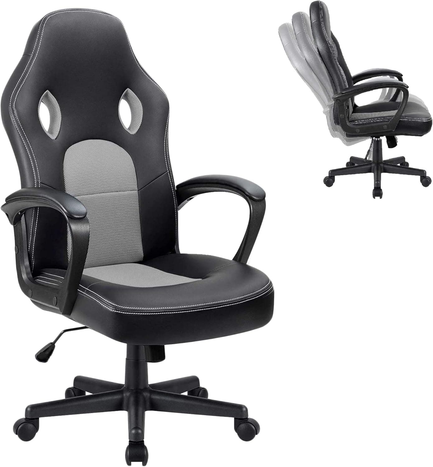 High-Back Executive Office Chair, Ergonomic PU Leather Home Office Chair, Adjustable Office Desk Chair with Casters, Swivel Task Chair Computer Gaming Chair Racing Chair, Grey