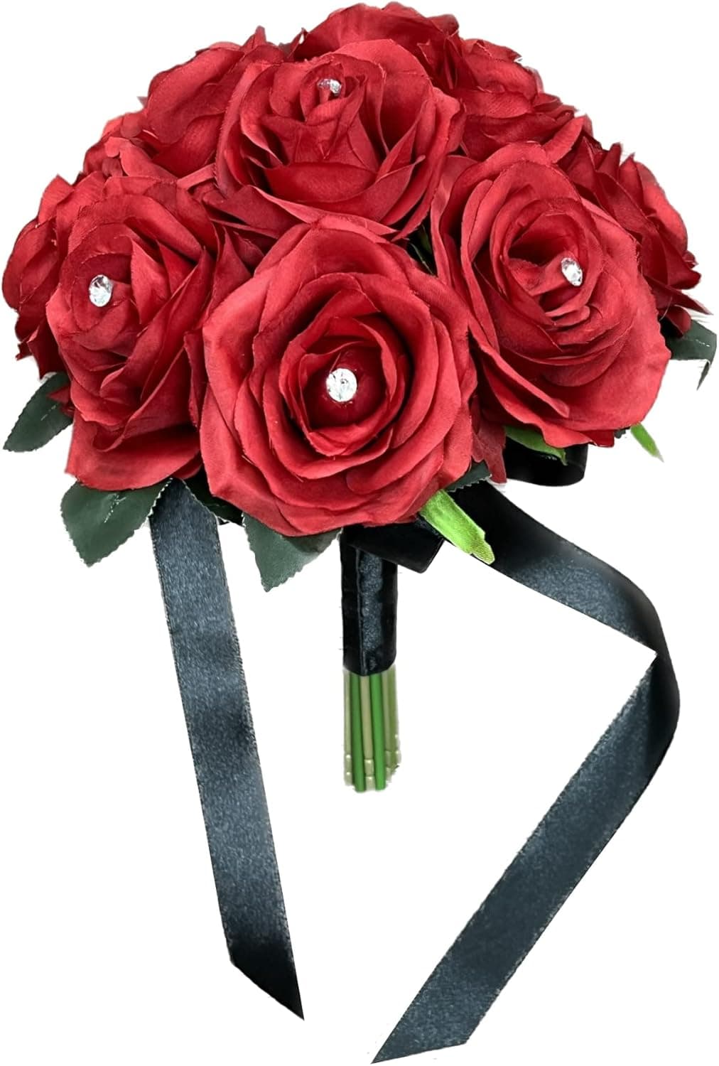 Angel Isabella 8" Wedding Bouquet - Apple Red Open Roses with Rhinestone and Bling (Black Ribbon)