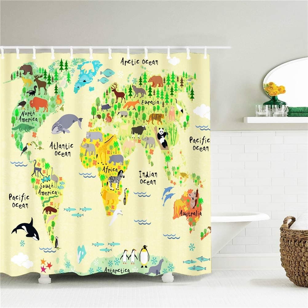 Polyester Animal World map Shower Curtain Set Waterproof Fabric Bathroom Curtain Size 71x71 inch