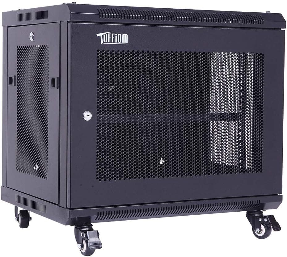 TUFFIOM 9U Casters Network Cabinet Enclosure, Wall Mount Rack w/Wheels, Deluxe 19 inch IT Series Server Date Devices (Fully Assembled, Cooling Fan, Locked Door,Adjustable Mounting Rails)