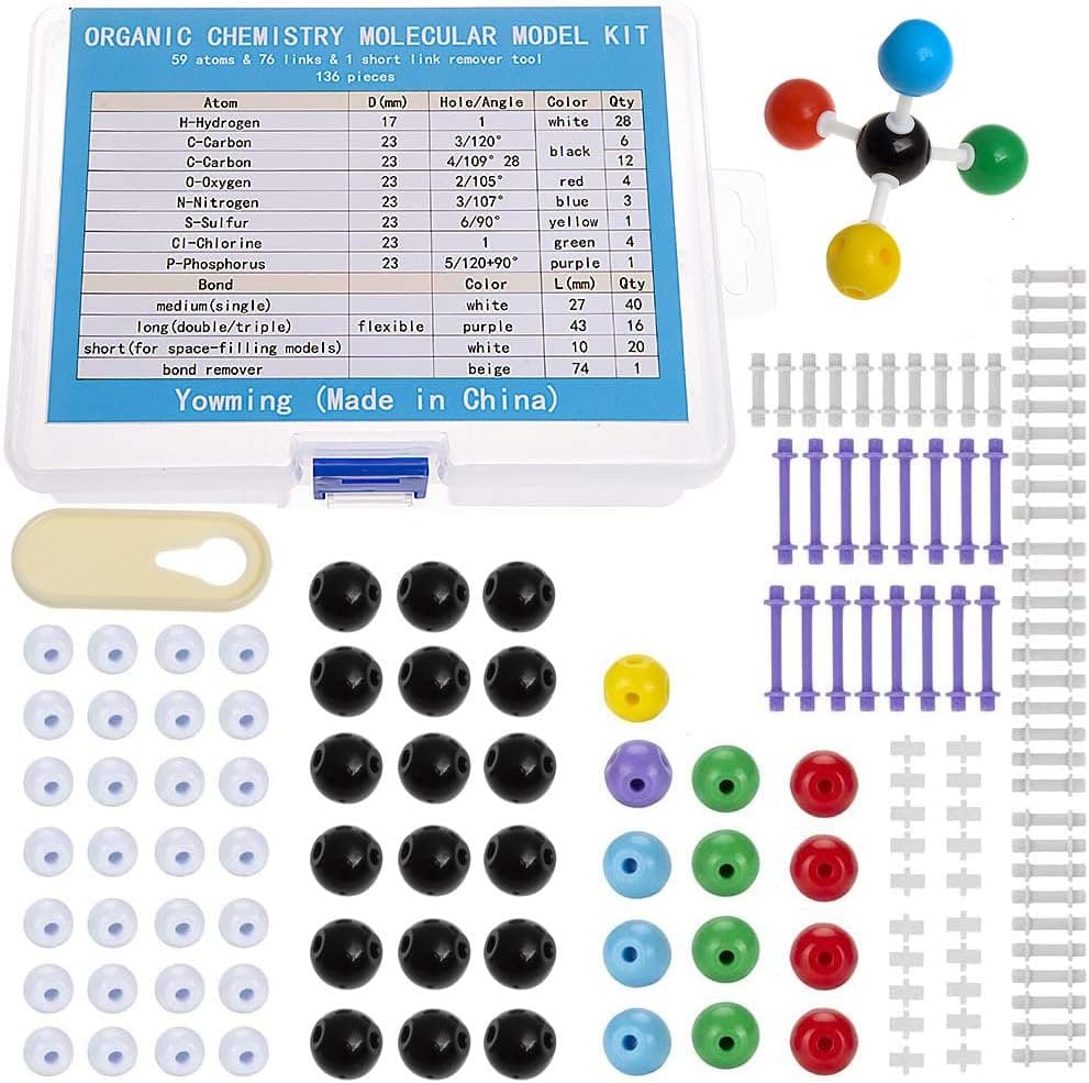 136 Pieces Organic Chemistry Model Kit, Chemistry Molecular Model Kit Set for Student or Teacher - 59 Atoms & 76 Bonds & 1 Short Link Remover Tool - Science Toys