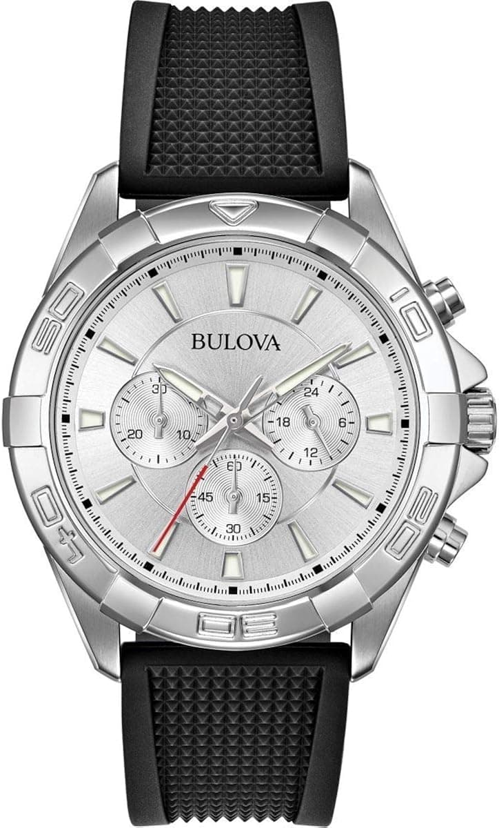Bulova Classic Chronograph Mens Watch, Stainless Steel with Black Silicone Strap, Silver-Tone (Model: 96A213)