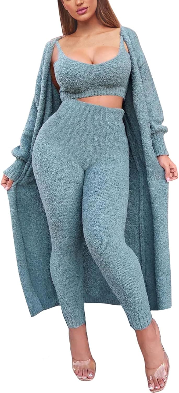 Fixmatti Women's Fuzzy 3 Piece Sweatsuit Open Front Cardigan Crop Tank Tops Wide Legs Pants Lounge Sets