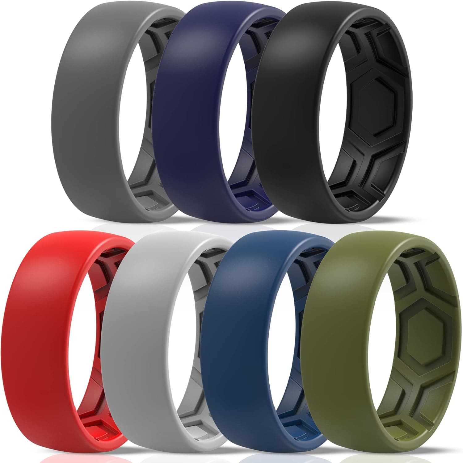 ThunderFit Silicone Rings for Men - 7 Rings / 4 Rings / 1 Ring - Breathable Patterned Design Wedding Bands 8mm Wide - 2.5mm Thick