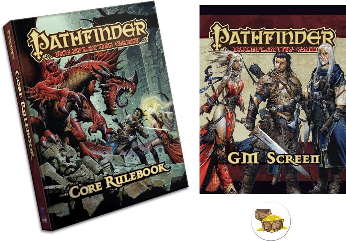 Bundle of Pathfinder Roleplaying Game Hardback Core Rulebook and GM Screen Plus a Treasure Chest Button
