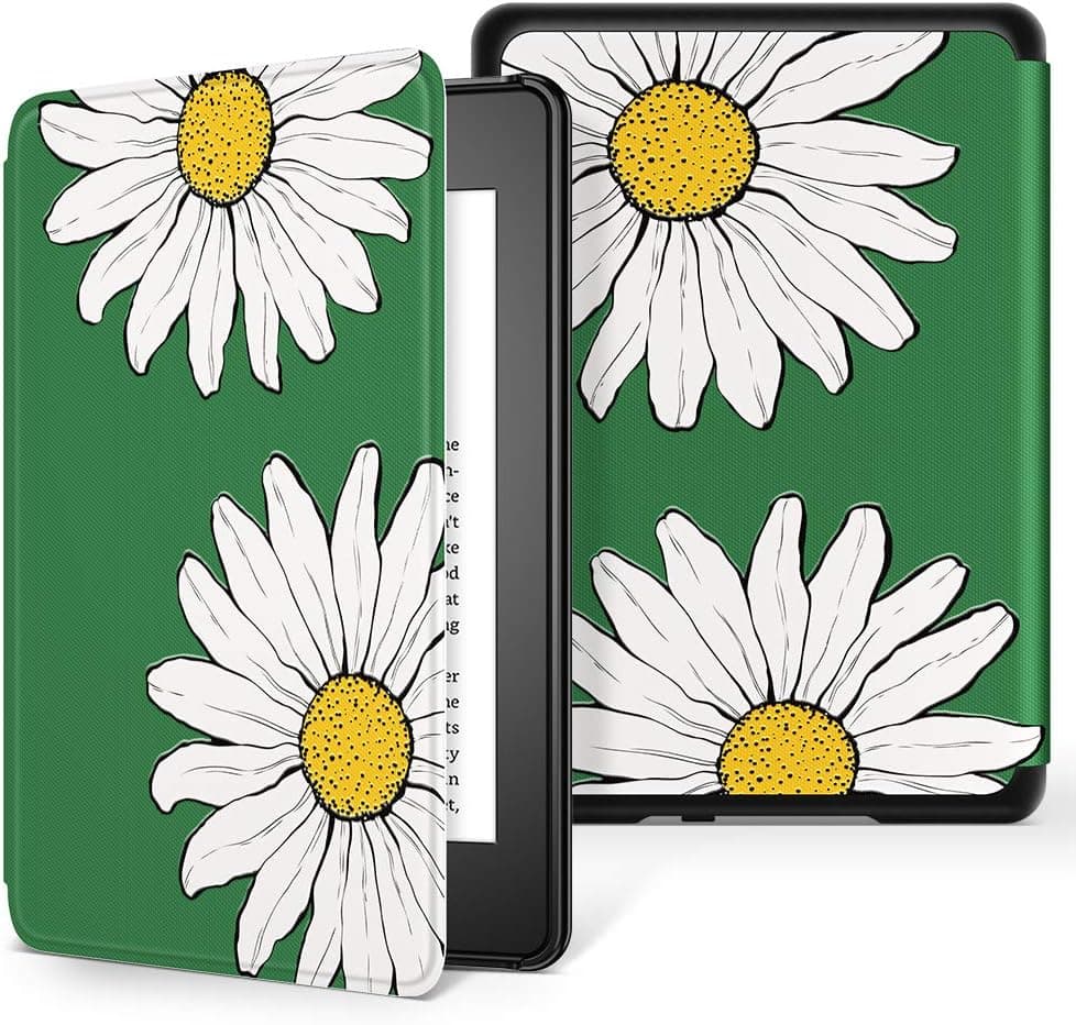 GVIEWIN All-New Kindle Paperwhite 10th Generation 2018 Case, Water-Safe Flowers Pattern Leather PC Hard Shell Auto Wake/Sleep Cover for eBook Reader 10 Generation (Sunflowers/White)