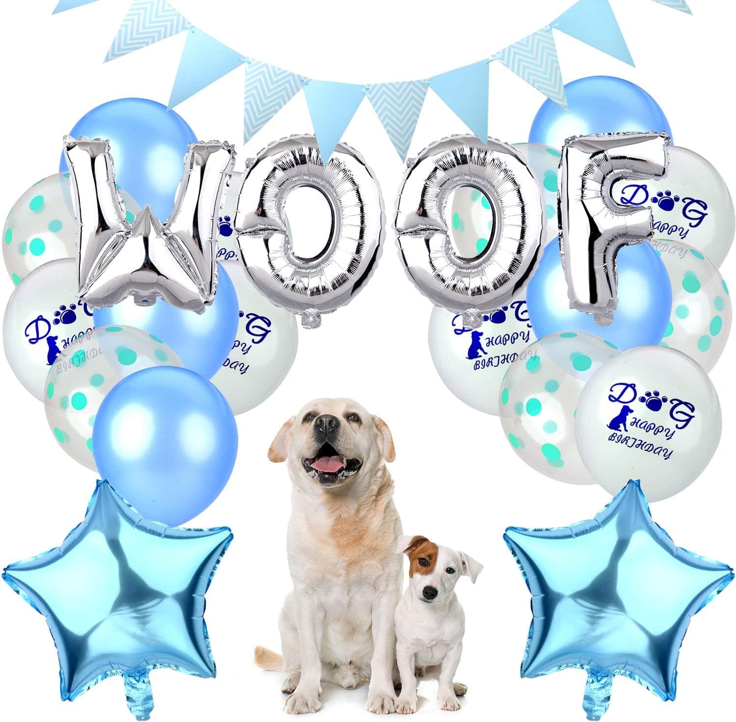 Legendog 24Pcs Dog Birthday Party Supplies Foil Balloons WOOF Letters Balloons Decorations with Banner and Pump for Pet (Blue)