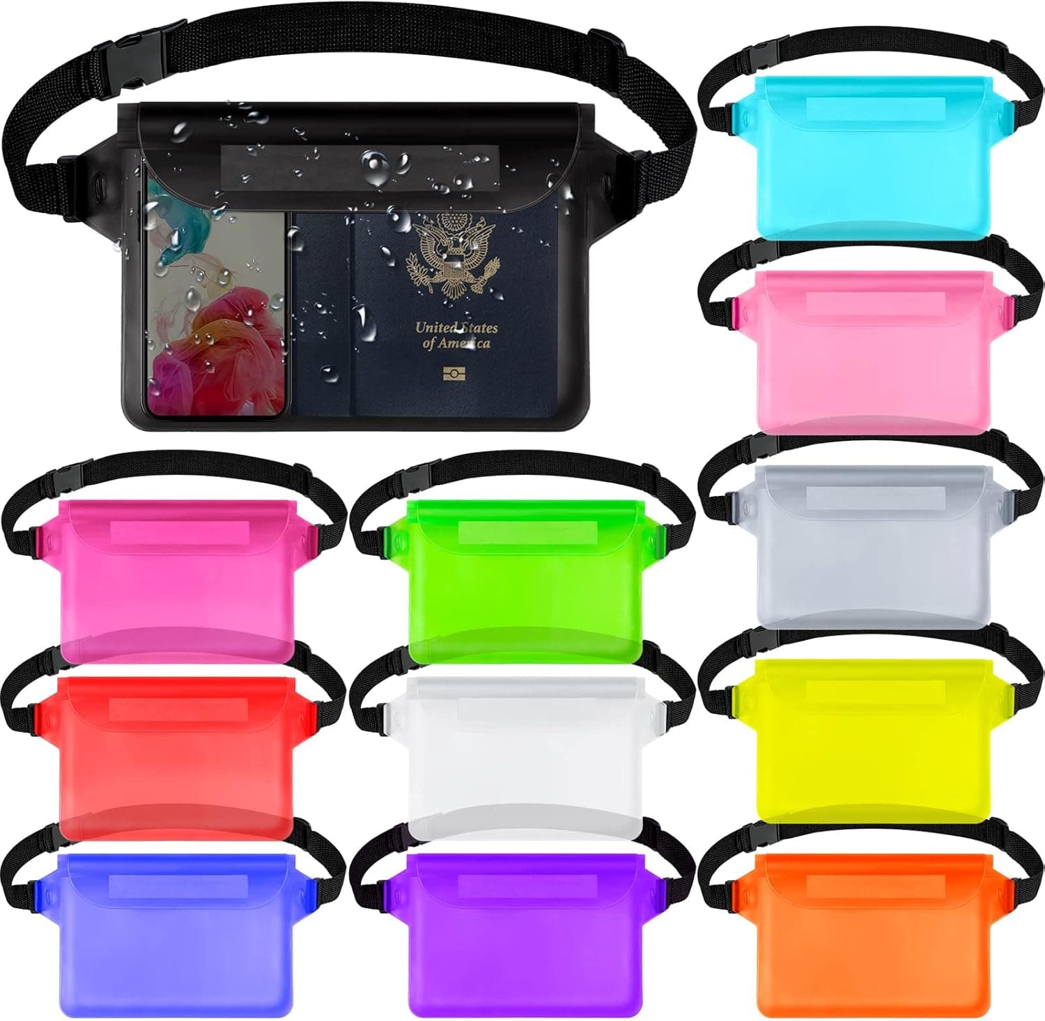 12 Pieces Waterproof Pouch Bag with Waist Strap Sensitive Waterproof Fanny Pack Pouch Dry Bag Fishing Bag with Adjustable Belt for Phone Valuables for Swimming Snorkeling Boating Kayaking, 12 Colors