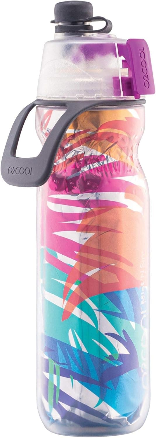 O2COOL Mist 'N Sip Misting Water Bottle 2-in-1 Mist And Sip Function With No Leak Pull Top Spout Sports Water Bottle Reusable Water Bottle - 20 oz (Palm Leaf)