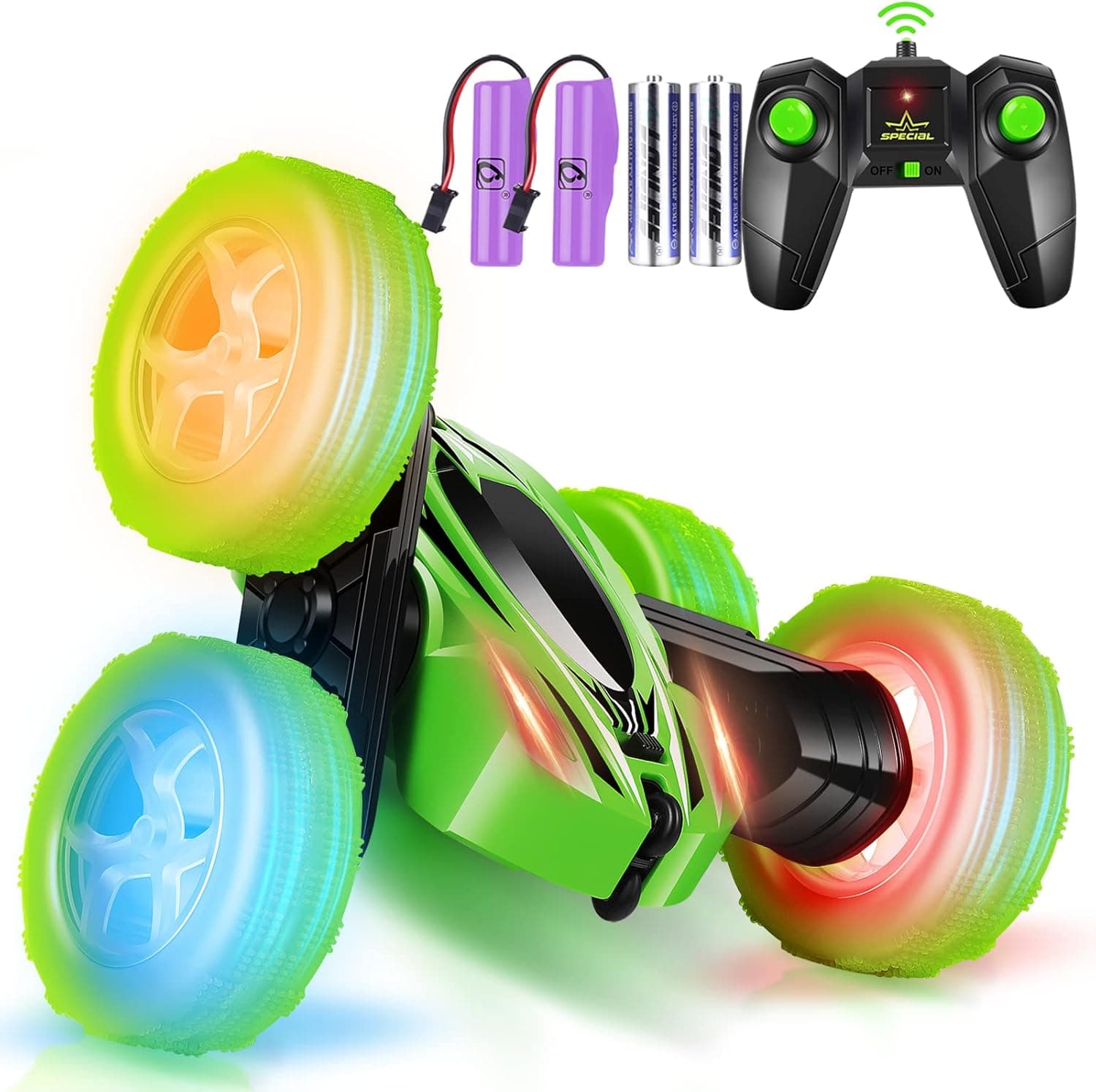 Flymevac Remote Control Car, 360° Rotating RC Stunt Cars with Wheel lights and headlights,4WD 2.4Ghz Double-Sided Fast and Flips RC Cars for 6-12 Year Old Kids Xmas Toy Cars Gift for Boys Girls(Green)