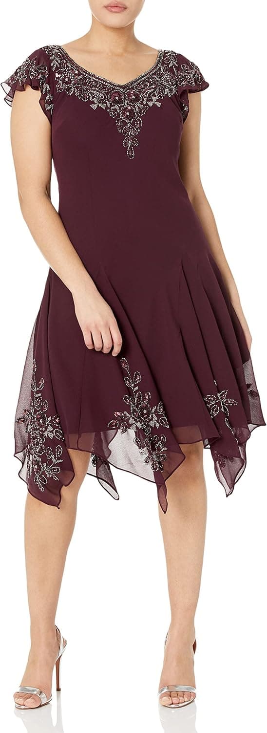 J Kara Women's Petite Flutter Sleeve Hanky Hem Short Cocktail Beaded Dress