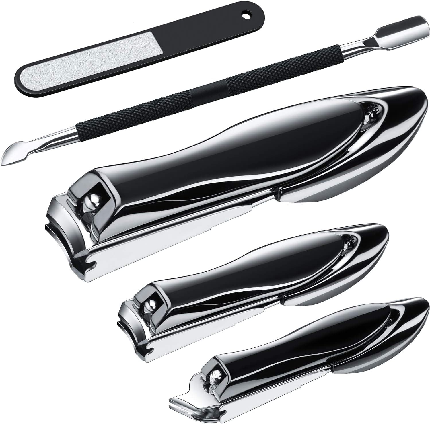 Thick Nail Clippers Set, Anti-splash Nail Clipper Fingernail, Toenail, Slant Edge Nail Cutter Trimmer with Catcher, Nail Files, Cuticle Pusher Stainless Steel Nail Clipper Kit for Adults, Kids, Elders