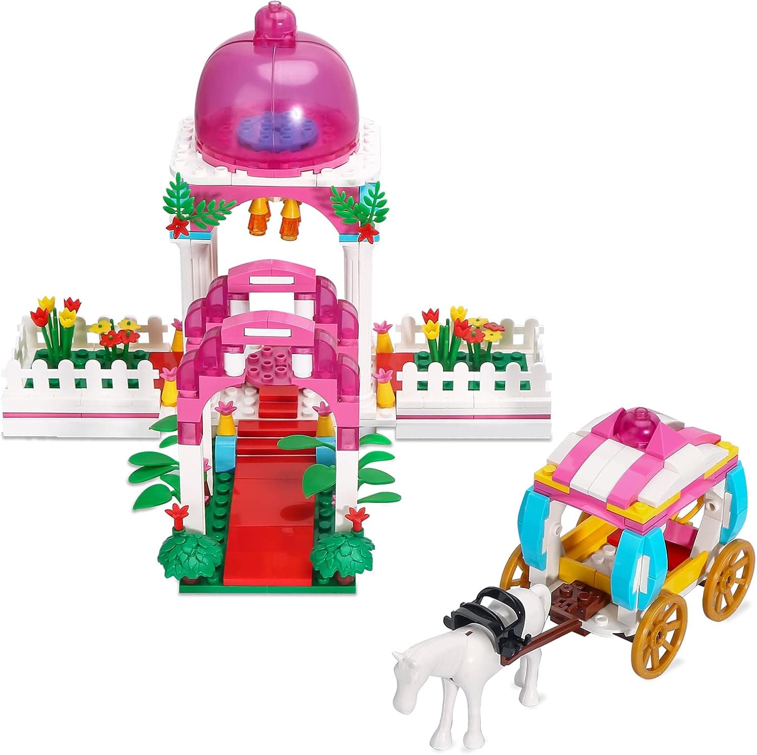 Princess Castle Carriage Building Bricks Set for Girls 6-12, Building Blocks with 4 Mini Dolls, Pink,367pcs