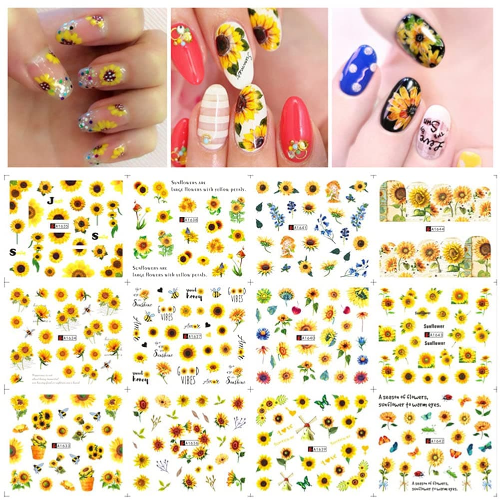 Sunflower Nail Stickers, Flowers Nail Art Water Transfer Decals Nail Art Supplies Nail Flower Art Watermark Small Daisy Floral Designs Summer for Manicure Acrylic Nails Decorations kit 12 PCS