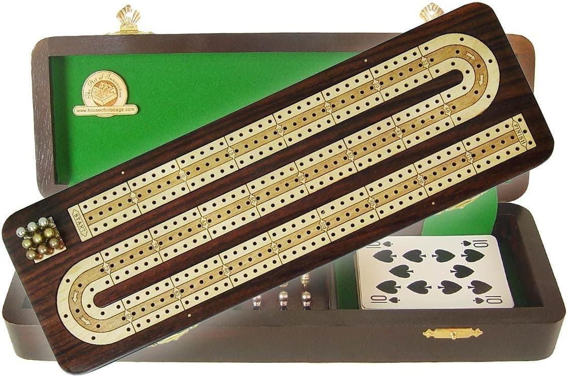 House of Cribbage - Continuous Cribbage Board / Box Inlaid in Rosewood / White Maple 12" - 3 Tracks
