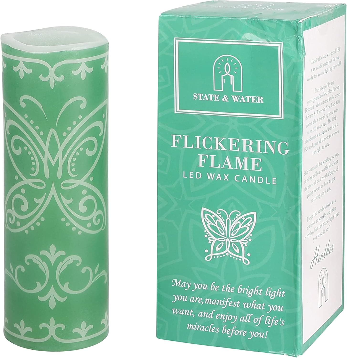 State & Water Miracle Encanto Inspired Flickering Flameless LED Wax Wish Butterfly Candle Pillar, 7 x 2.5, Batteries Included, Green