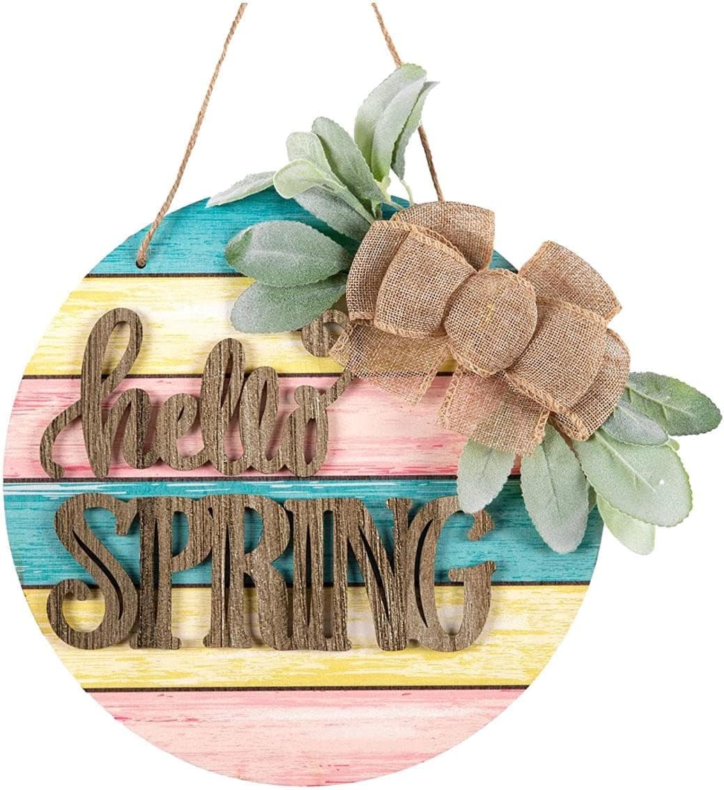 Whaline Hello Spring Wooden Hanging Sign Welcome Sign Front Door Decor Rustic Colorful Farmhouse Wood Sign with Bow for Spring Holiday Home Office Shop Window Wedding