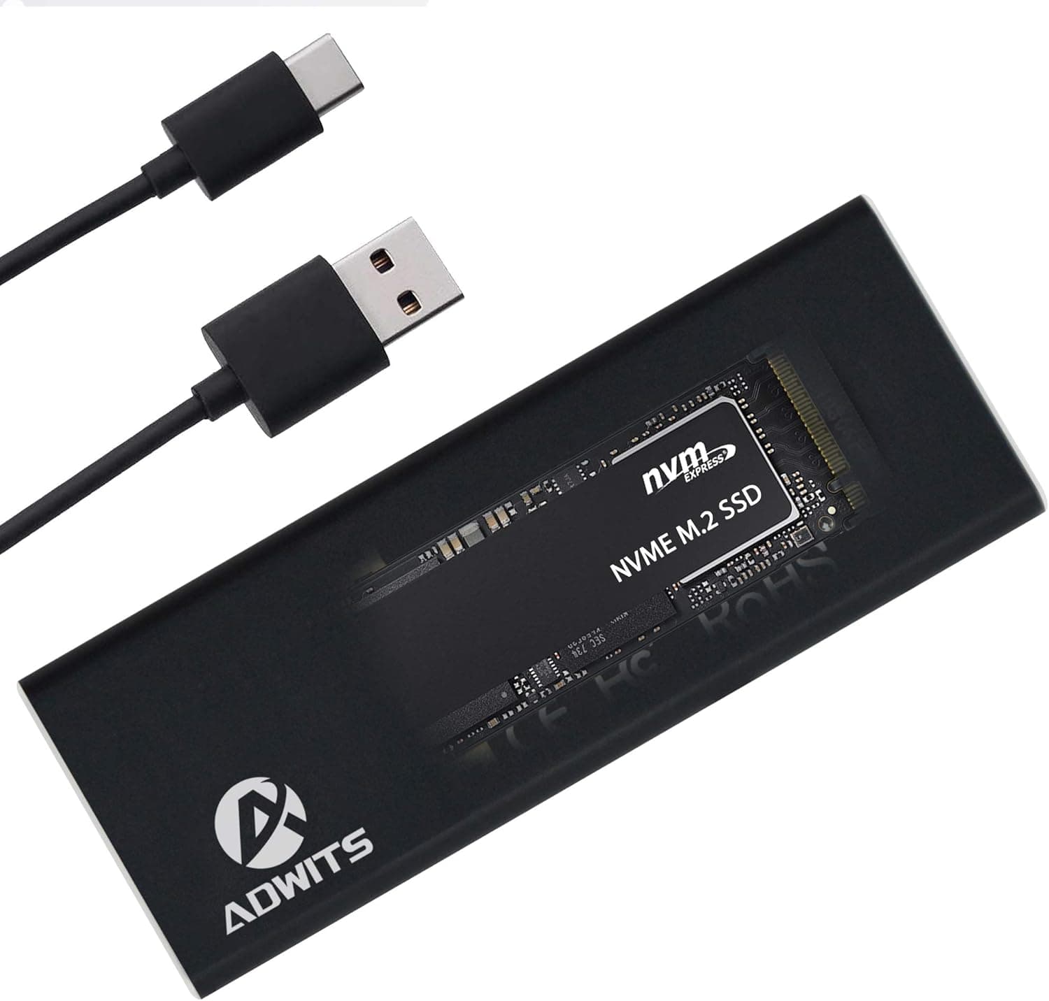 A ADWITS USB 3.1 Gen2 10Gbps Type-C to NVMe M.2 High Performance PCIe SSD Adapter, Portable SSD Enclosure Compatible for Samsung WD ADATA, DREVO M.2 NVMe Solid State Drive -Black
