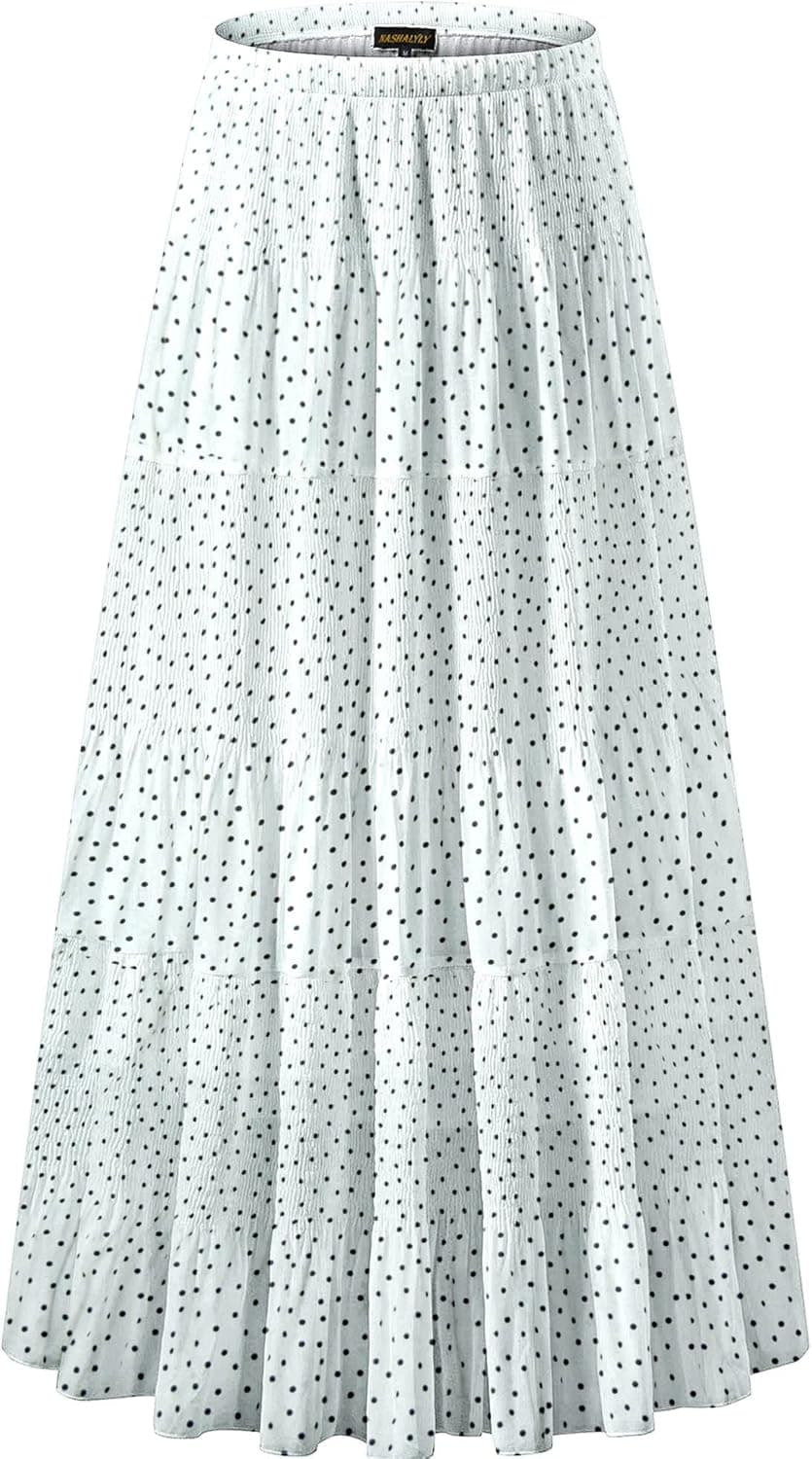 NASHALYLY Women's Chiffon Elastic High Waist Pleated A-Line Flared Maxi Skirts