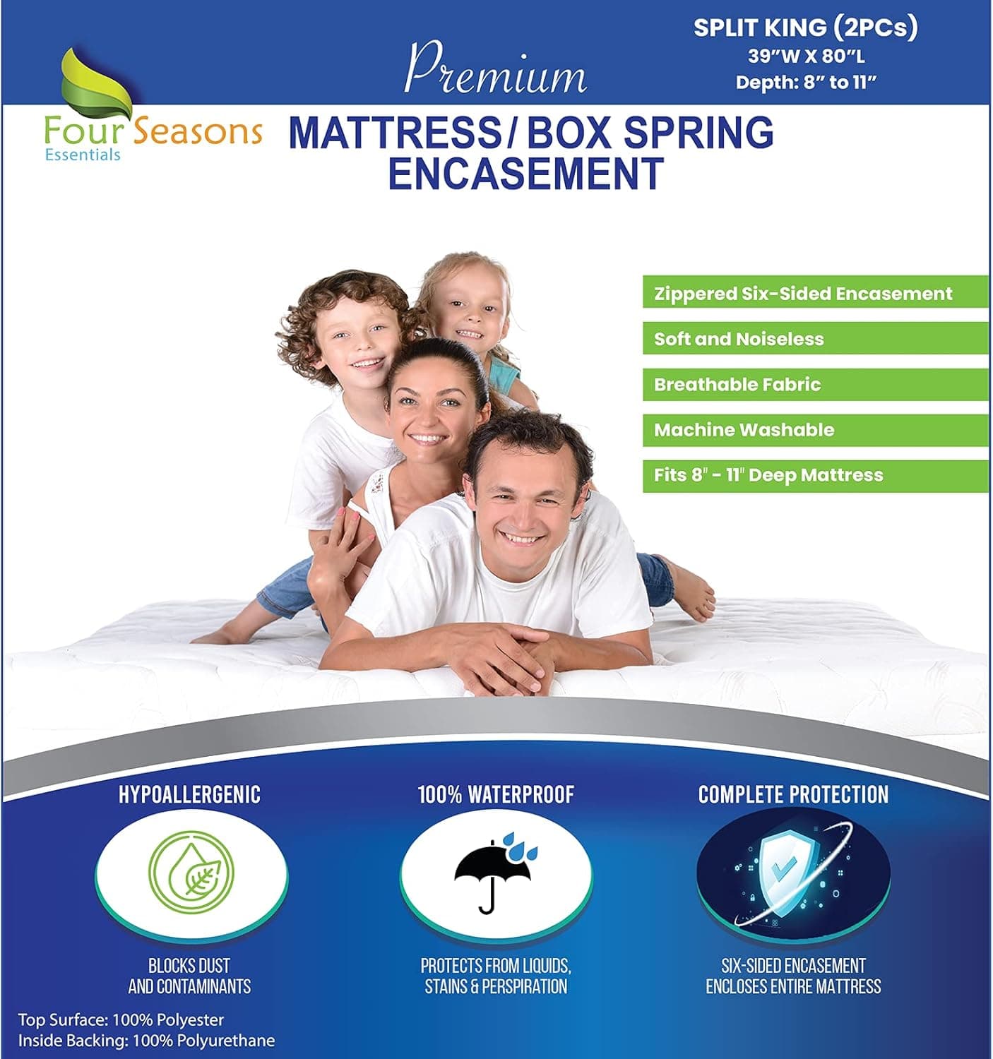 Split King Mattress/Box Spring Encasement 39" x 80" (2PCs) - Waterproof Zippered Protector Hypoallergenic Premium Quality Bed Cover - Breathable Smooth Fabric