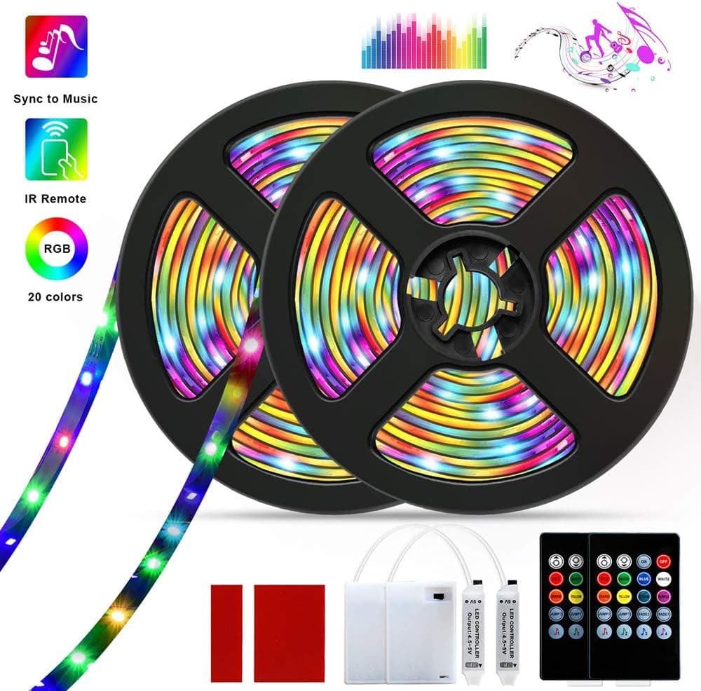 Barhootao 13.2FT/4M LED Strip Lights RGB LED Light Strip Battery Operated, Music Sync 5050SMD, Color Changing Rope Light Waterproof LED Tape Lights Kit with Remote for Party Room (2x6.6FT)