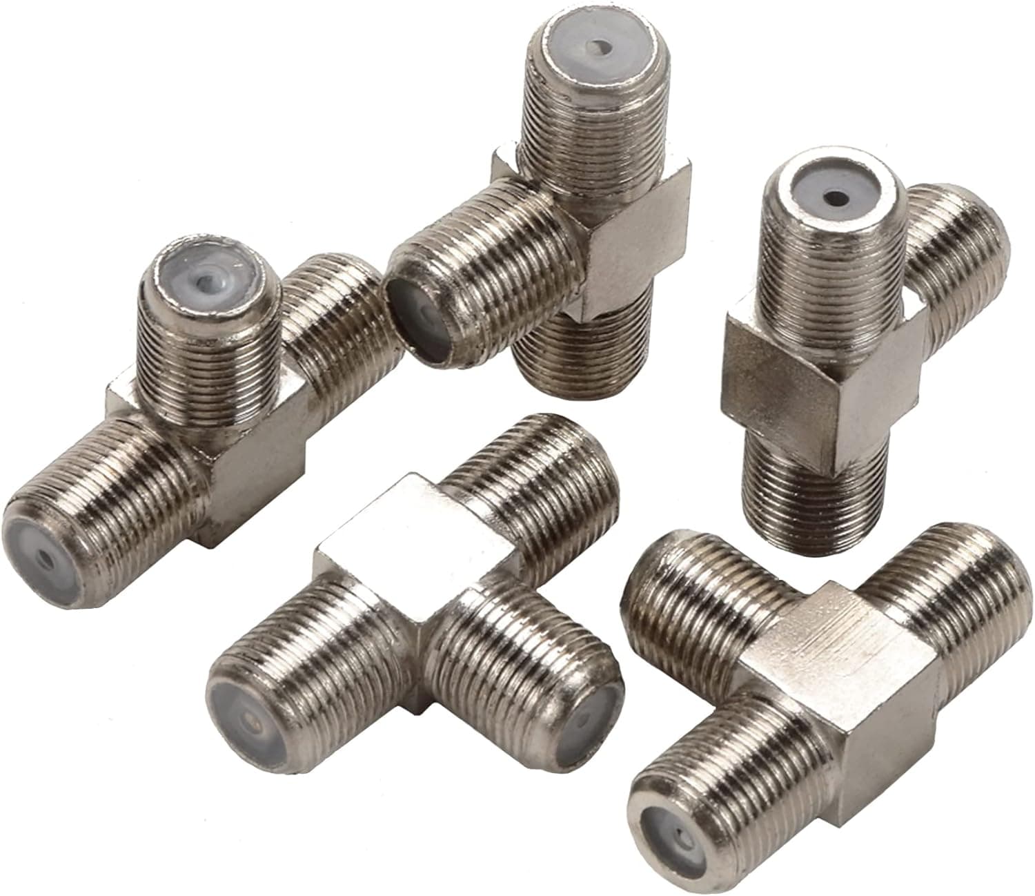 TLS.eagle 5 Pack Nickel Plated F Type RG6 Female to 2 Female 3 Way Coax Cable T Splitter Adapter Connector