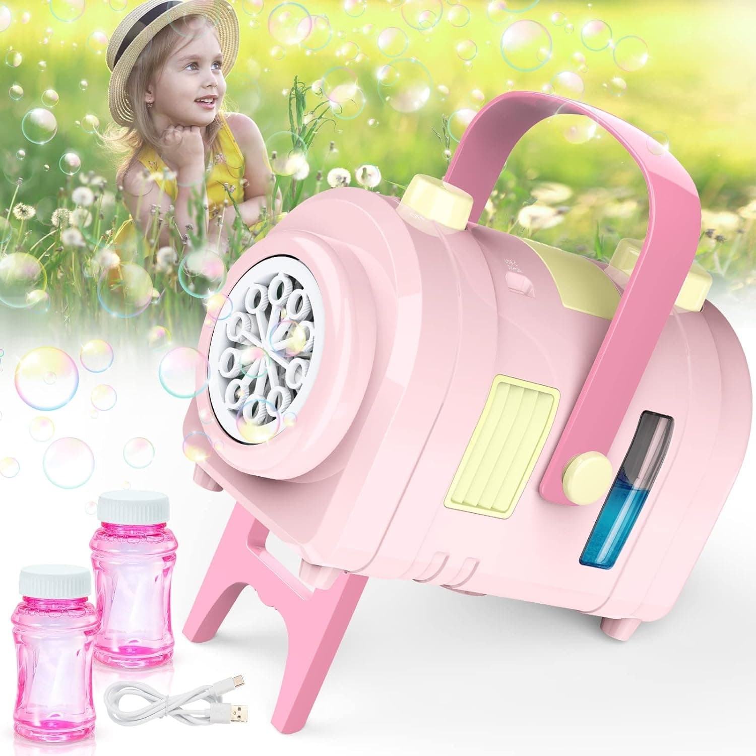 CARDFUN Bubble Machine Automatic Bubble Blower: 7500+ Bubbles Per Minute, Rechargeable Bubble Maker with 2 Speeds, Powered by Batteries or Plugin, Easter Basket Stuffers