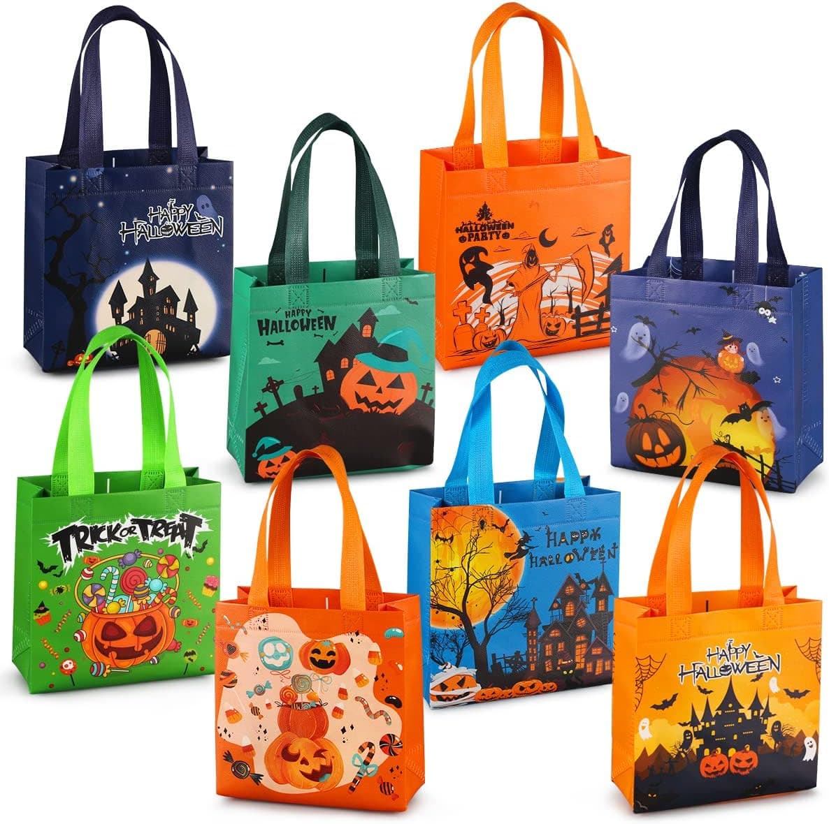 Aviski 8PCS Halloween Trick or Treat Bags, Small Halloween Tote Bags with Handles, Gift Bags, Multifunctional Non-Woven Halloween Bags for Gifts Wrapping, Trick or Treat, Halloween Party Supplies