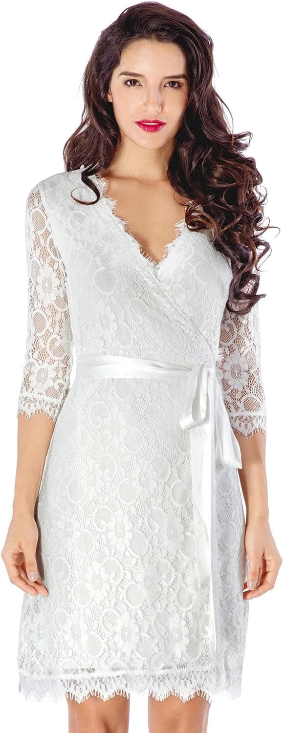 LookbookStore Women's White Lace 3/4 Sleeves Semi-Formal Mini Cocktail Wrap Dress US 18