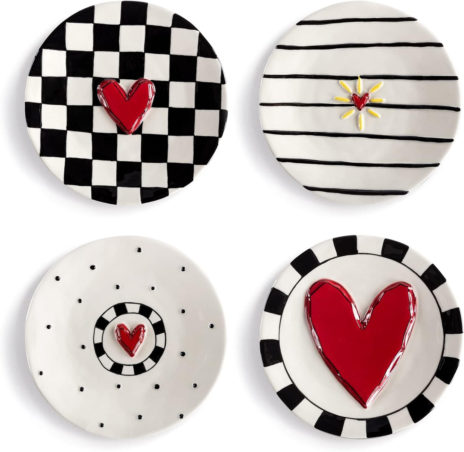 DEMDACO Black and Red Heart 6.5 inch Stoneware Appetizer Plates Set of 4