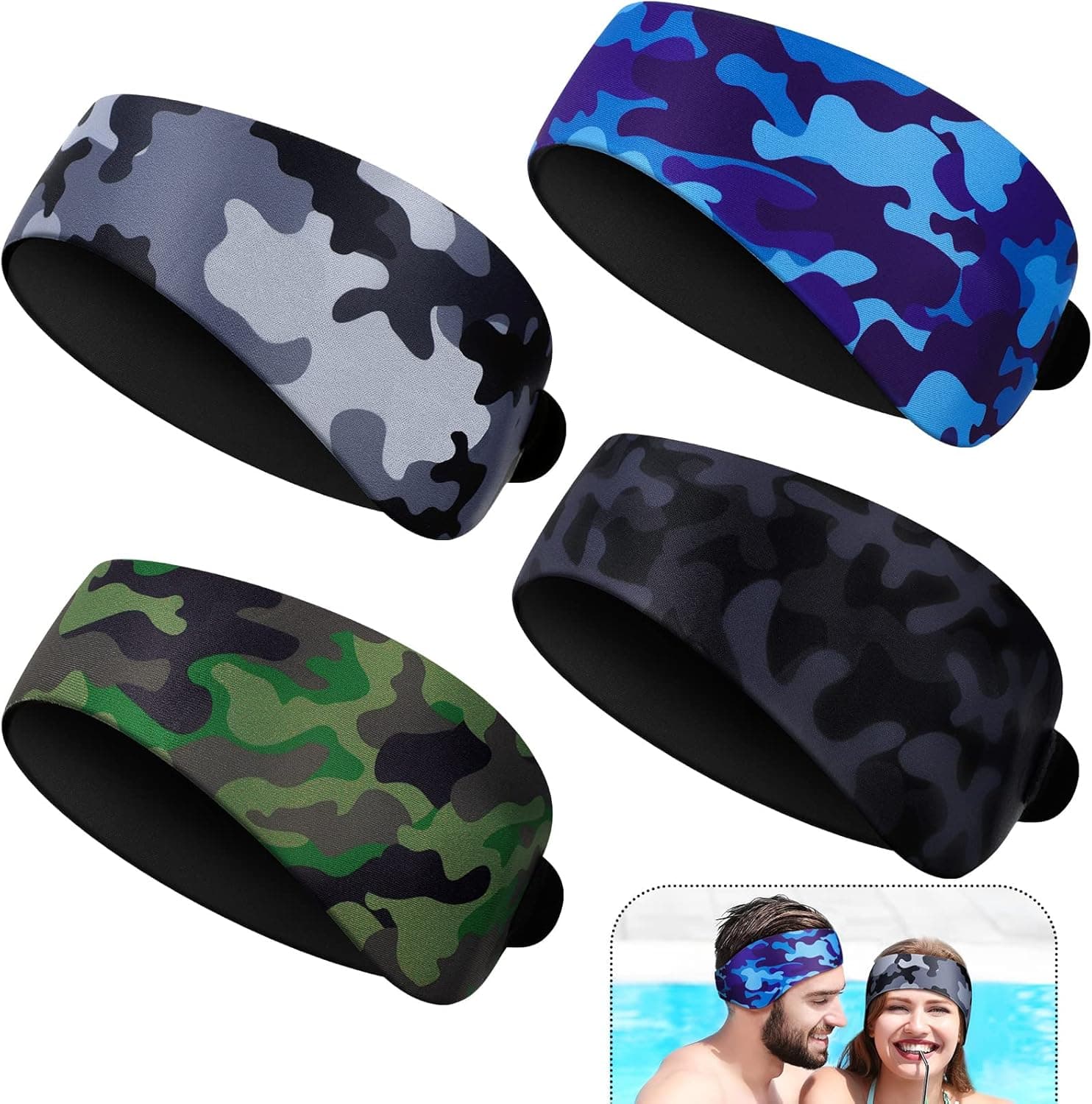 4 Pcs Adult Swimming Headband Adjustable Swimmer's Headband Waterproof Swim Headbands for Women Men Swim Ear Band for Bath Pool Beach Ear Protection Keep Water Out Secure Earplug, L(Camouflage)