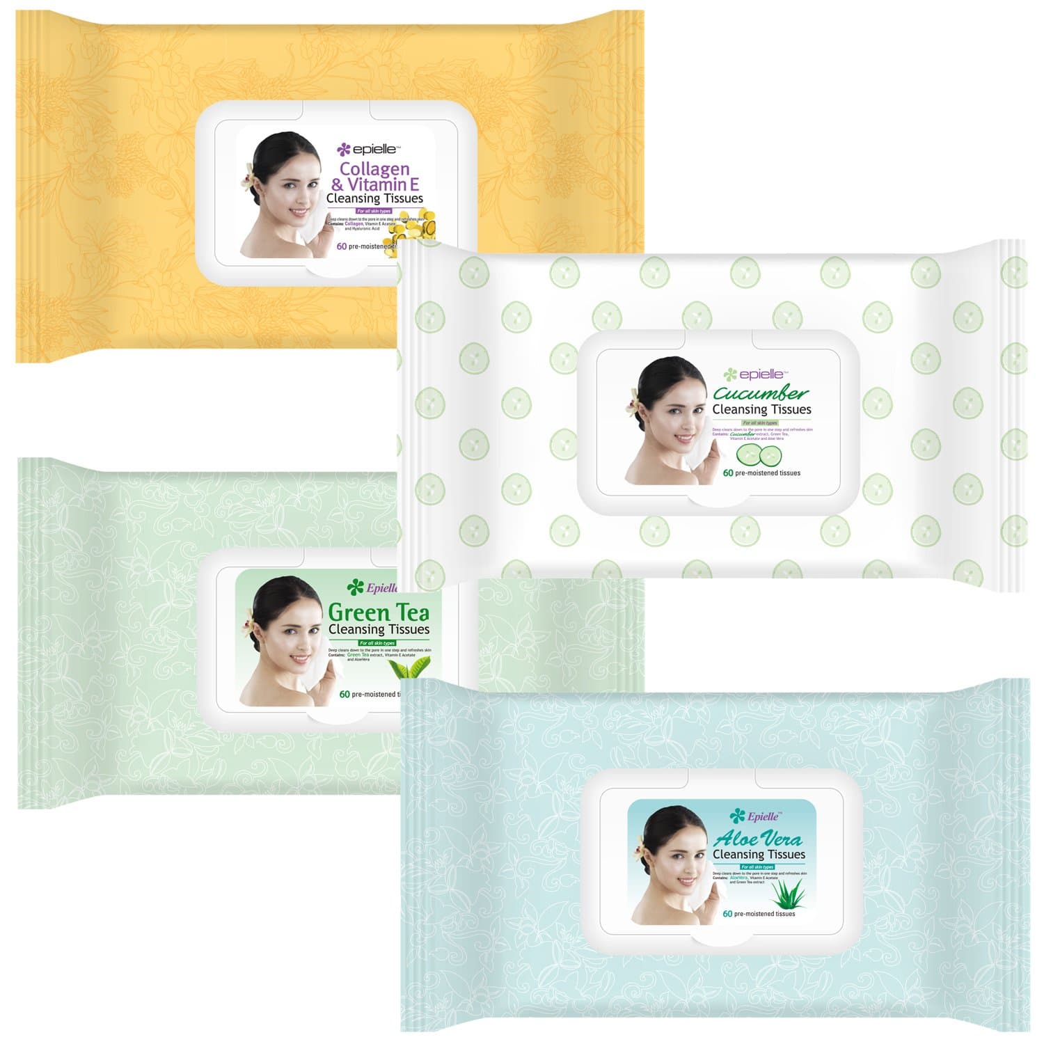 Epielle Assorted Makeup Remover Cleansing Facial Tissues Wipes Towelettes - 60ct (Sheets) per pack, 1-Collagen & Vitamin E, 1-Cucumber, 1-Aloe Vera, 1-Green Tea, Total 4 packs