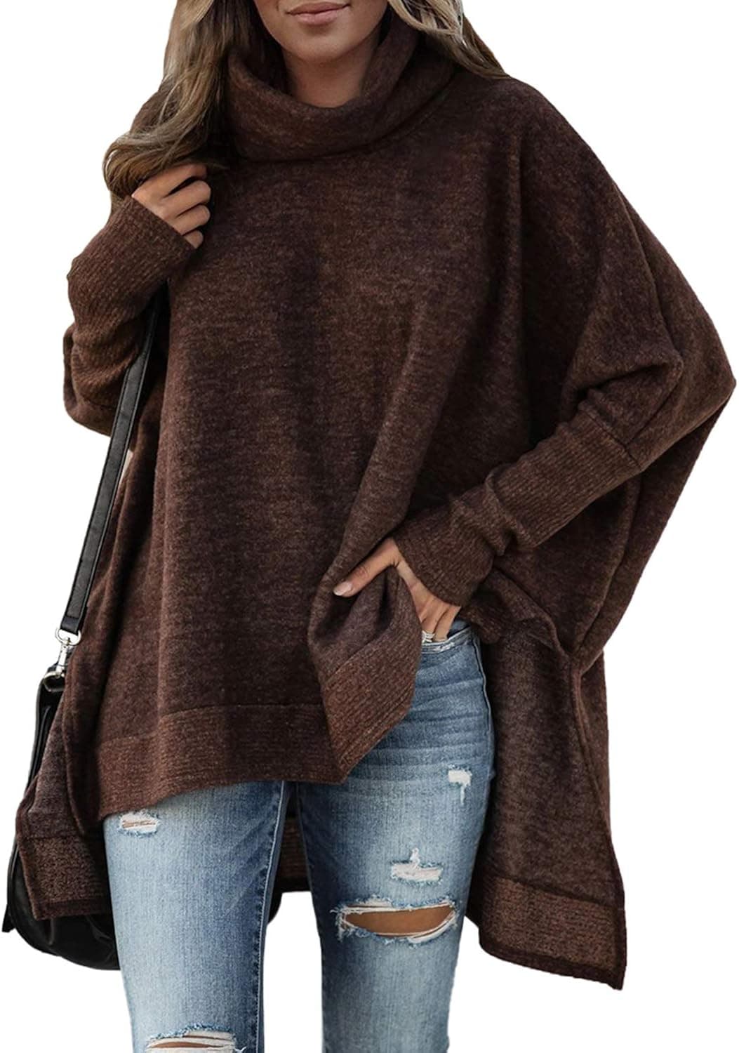 LOSRLY Womens Turtleneck Long Sleeve Knit Sweater Asymmetric Hem Solid Pullover Winter Tops Brown XX-Large